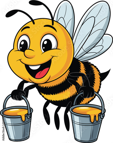 Cartoon bee character, smiling insect, honey buckets, cute vector mascot, cheerful flying bee, honey harvest, yellow striped bug, happy cartoon