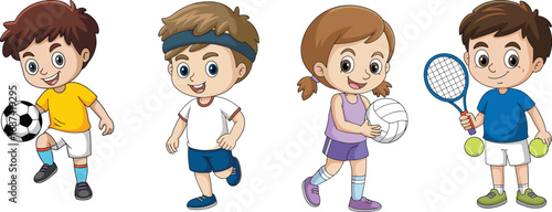 Cartoon children, sports activity, soccer, running, volleyball, tennis, athletic kids, vector illustration, playful design, fitness theme, school exercise, teamwork