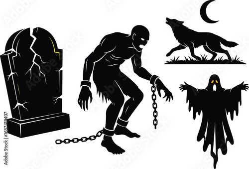 Spooky Halloween Night Graphic Elements Featuring Zombie Wolf Ghost and Tombstone for Seasonal Decorations and Creative Designs
