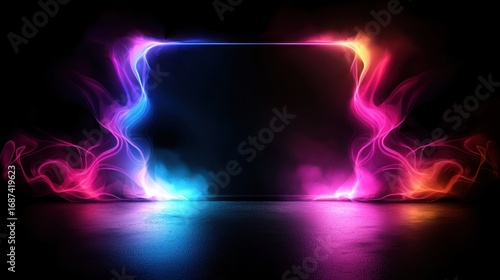 Electrifying neon light frame pulsating with vibrant energy and ethereal smoke, casting reflections on a dark glossy surface, symbolizing digital power and innovation