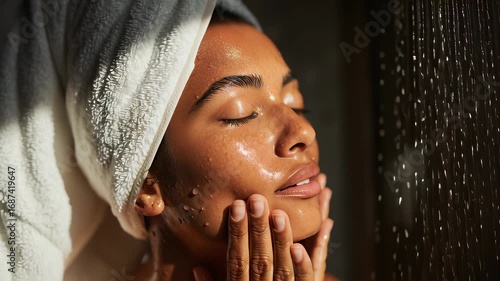 Radiant Woman with Towel on Head Touching Wet Skin After Shower, Beauty and Self-Care Routine, Spa Treatment