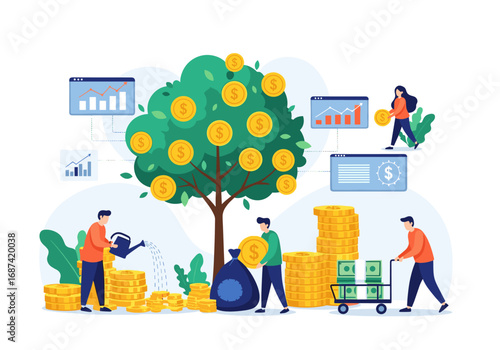 Illustrating the concept of financial growth and wealth accumulation through investment and careful management