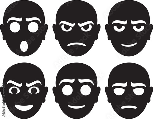 Six stylized black silhouette faces expressing different emotions