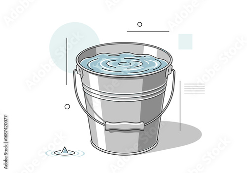A metallic bucket filled to the brim with clear rippling water with drops falling out