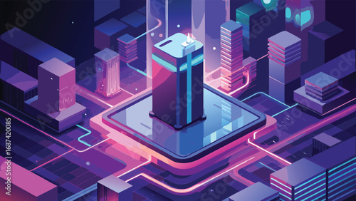 Isometric 3D vector illustration of a modern city business district with a luminous urban network at night