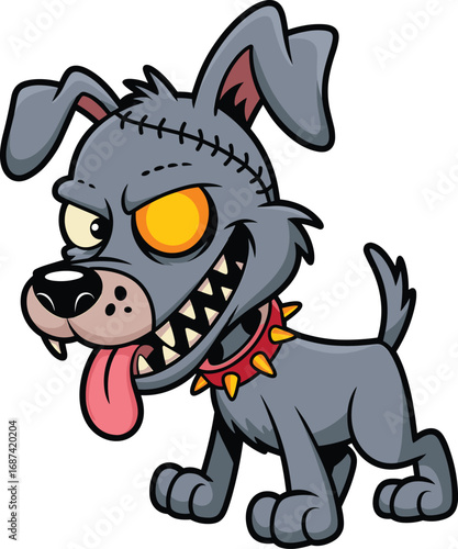 Cartoon fierce dog, aggressive character, vector animal, scary pet, glowing eye, spiked collar, muscular body, wild expression, comic style