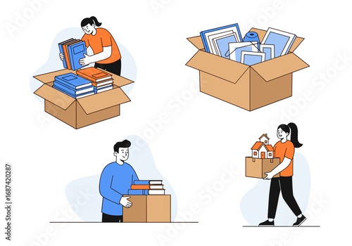 People packing items and books into cardboard boxes for moving or storage needs