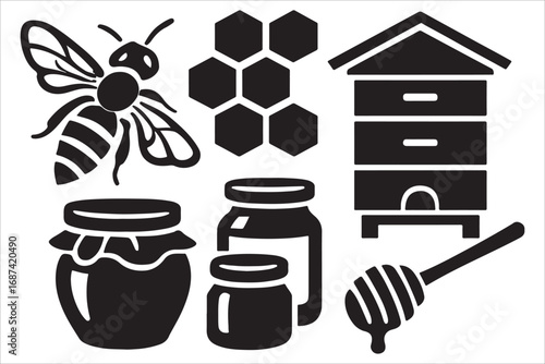 Honey bee with jars and cups of honey and drinks in cartoon vector style