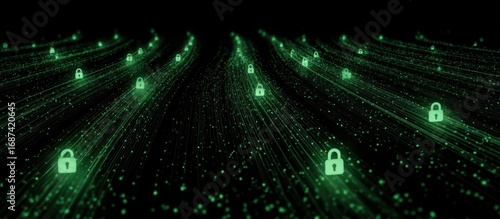 Abstract digital illustration of many glowing green lock icons on a dark background, with lines of light particles