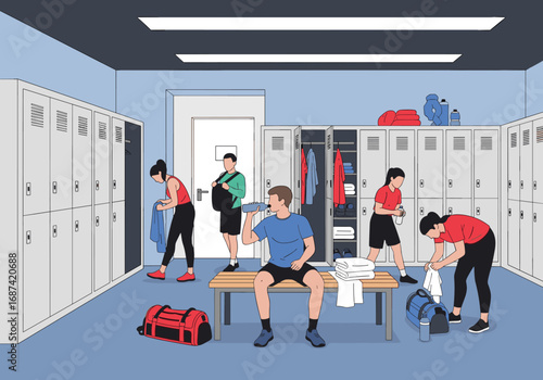 Gym locker room scene with people changing clothes and storing belongings in lockers ready for workout session