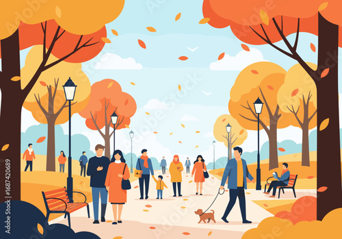 A serene autumn scene with people enjoying the park and falling leaves