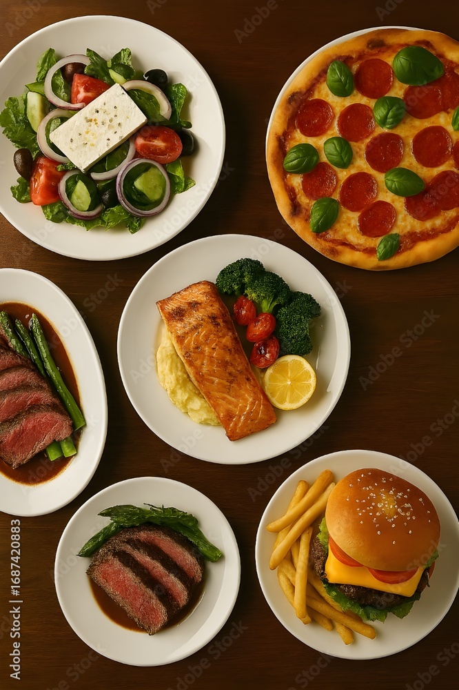 custom made wallpaper toronto digital"Top Restaurant Dishes – Overhead View of Gourmet Salmon, Steak, Burger, Pizza, and Salad on Rustic Table"