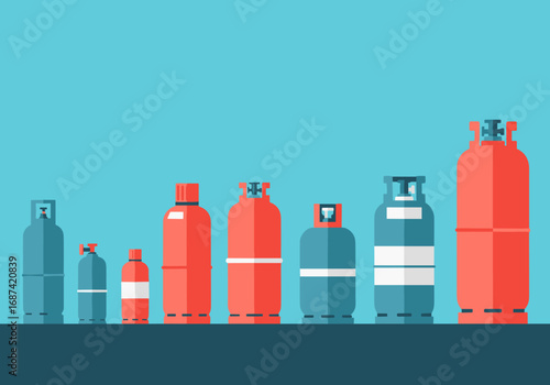 Diverse collection of gas cylinders illustrating various sizes and designs for fuel storage and distribution applications
