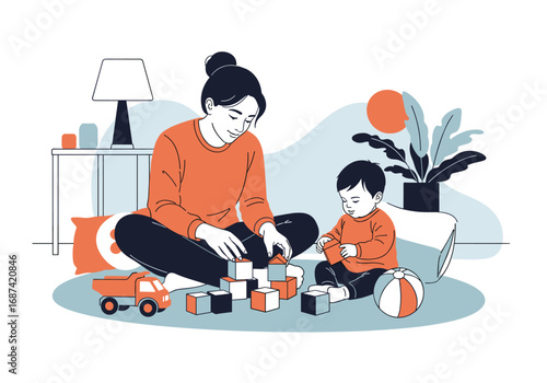 Mother and child happily building colorful blocks together on a sunny day indoors
