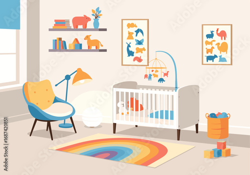Cozy modern nursery room design with crib chair and colorful rainbow rug
