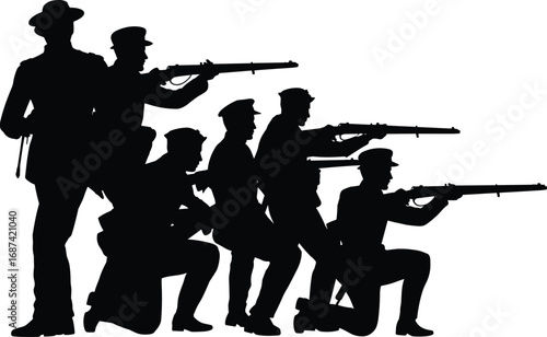 Silhouettes of soldiers aiming rifles in various poses, historical military scene, vintage army, war action, combat, defense, and teamwork.