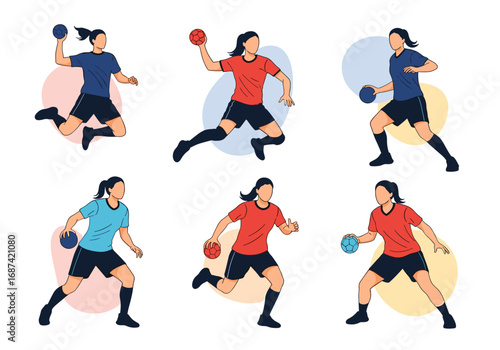 Illustrations of female athletes playing handball in various dynamic poses demonstrating their athletic skills and agility during gameplay