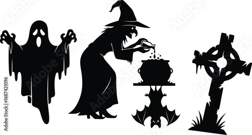 Spooky Halloween Silhouettes Featuring Witch Ghost Bat and Tombstone for Festive Decorations and Designs Perfect for Invitations Posters and Themed Events