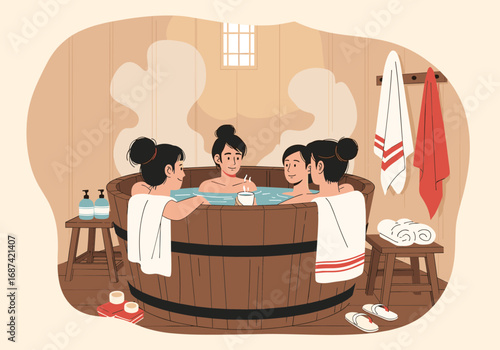 Relaxing hot springs bath experience with friends enjoying serene mountain scenery