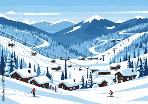 Serene snowy mountain ski resort village with cable cars and ski slopes scene