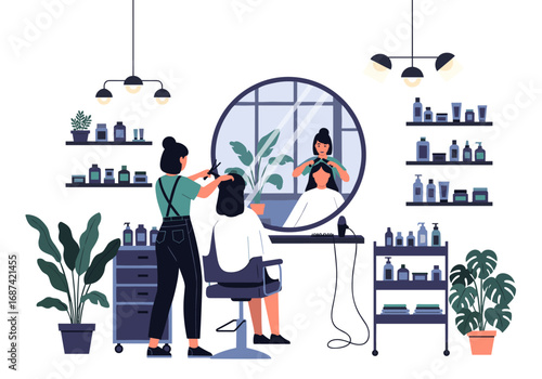 Modern hair salon interior design with stylists and clients reflecting beauty and relaxation