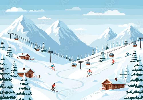 Expansive winter mountain ski resort scenery with snow covered peaks cable cars and skiers enjoying the slopes
