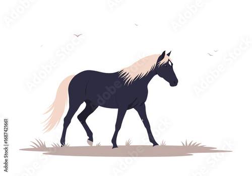 A majestic black horse with a blonde mane walks gracefully across a grassy field