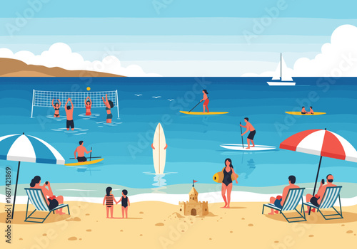 Vibrant summer beach scene people enjoying ocean activities and relaxing under umbrellas under a clear blue sky