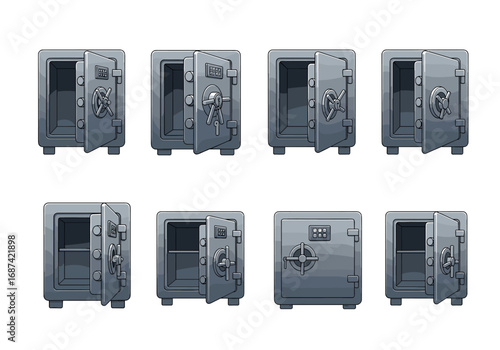 Collection of metal security safes with doors open and closed displaying their interiors and locking mechanisms in a digital art style