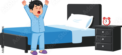 Child waking up cartoon scene, morning routine illustration, bedroom interior vector, pajama character design, educational lifestyle icon, daily habit artwork, sleep and wake graphic