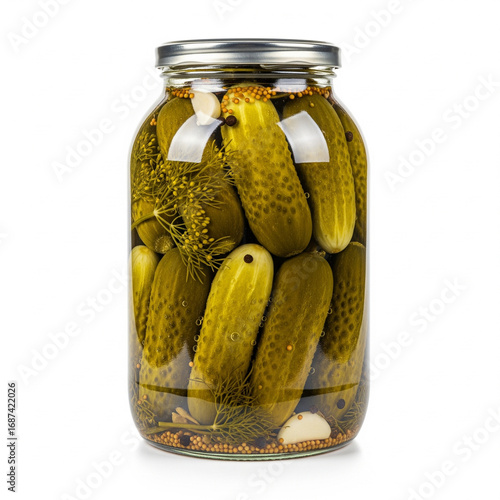 Jar of pickled cucumbers,  isolated on a white background

