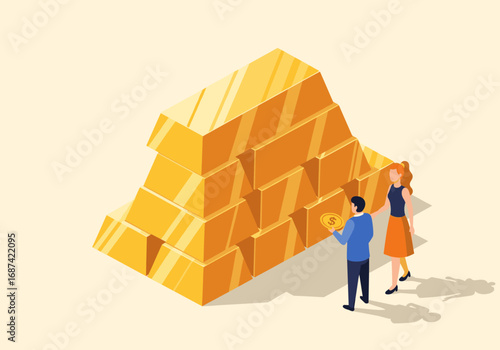 A couple examining a huge stack of gold bars and a coin on a light background