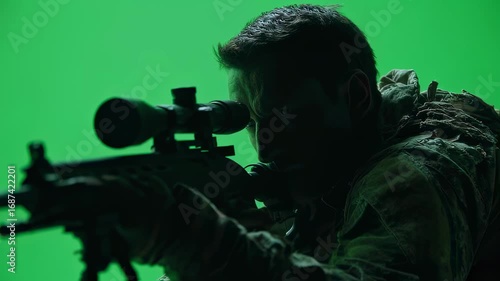 Military marksman in quiet moment adjusting precision scope exhaling slowly green screen isolated for dynamic inserts in action films or documentaries.
