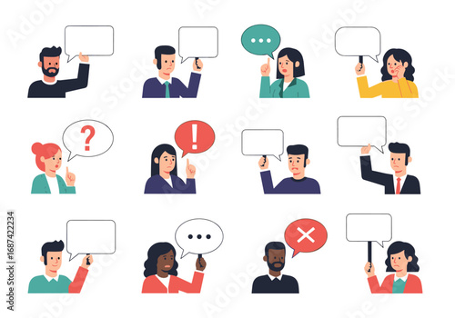 Illustrations of diverse individuals expressing ideas and questions through speech bubbles and symbols