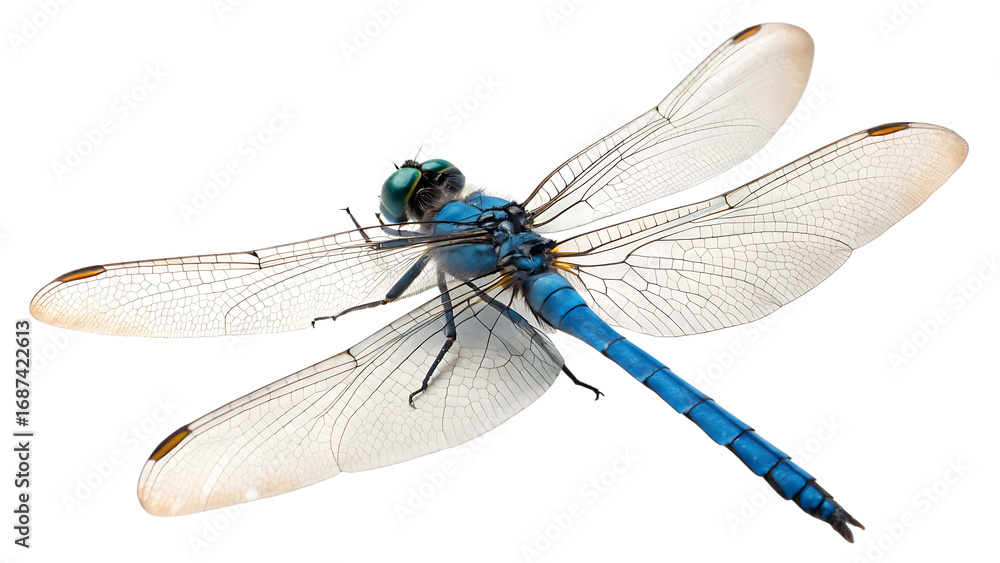 Naklejka premium Blue dragonfly cut out isolated on white background PNG. AI GENERATED. 
