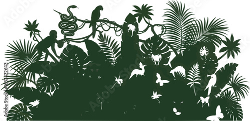 Silhouette of a lush jungle scene featuring various animals and dense foliage.