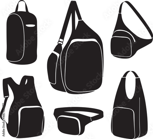 Various black bags with white outlines backpack