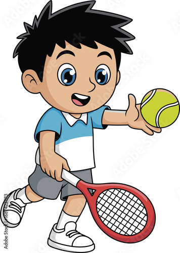 Cartoon tennis boy, vector character, sports illustration, cheerful child, red racket, yellow ball, active pose, blue shirt, outdoor activity, fun expression