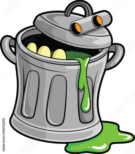 Cartoon trash can monster, green slime, spooky character, Halloween theme, vector illustration, creepy eyes, funny garbage creature, mysterious design, animated style