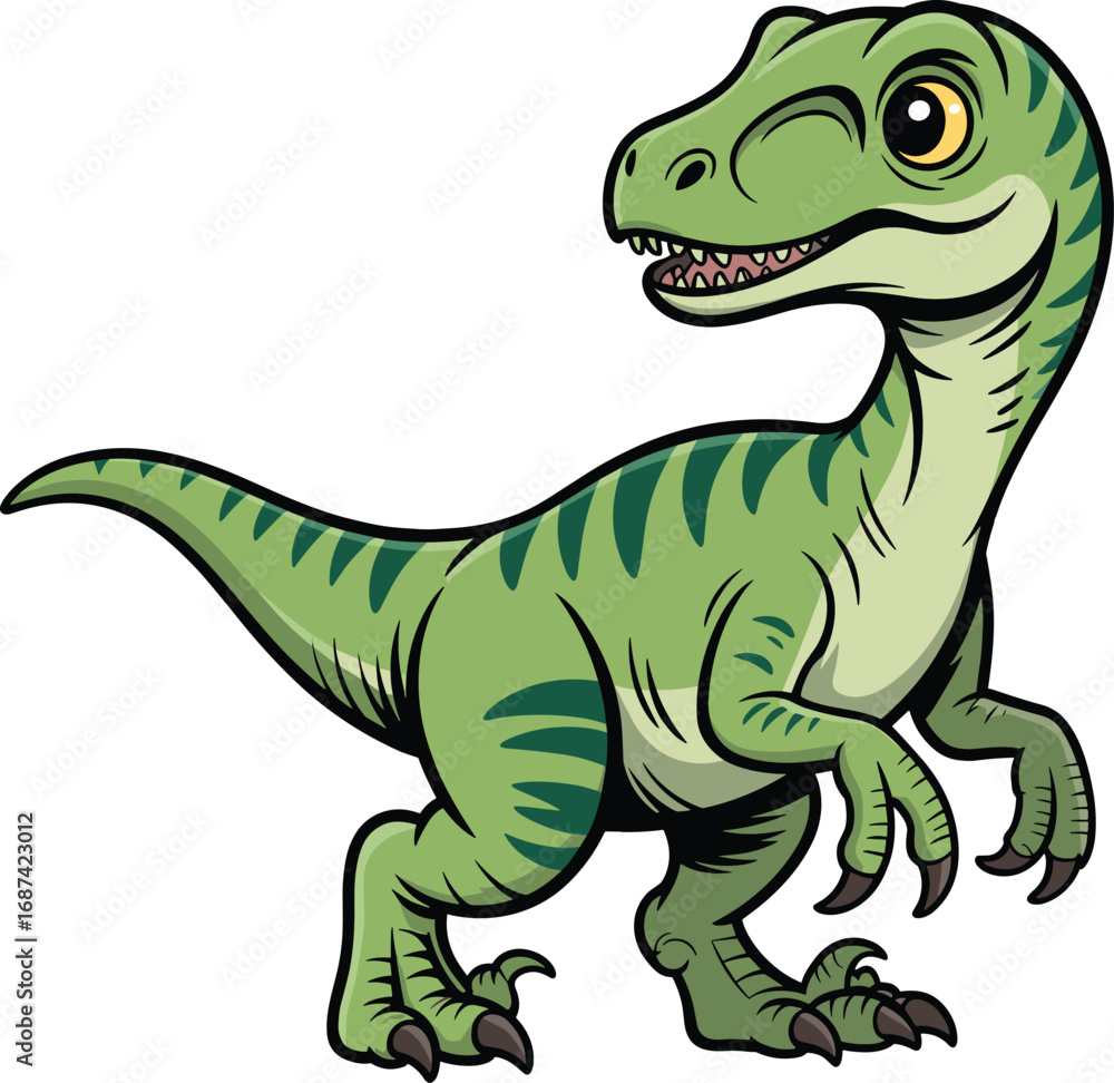 Fototapeta premium Cartoon Velociraptor dinosaur winking, green stripes, friendly prehistoric character, toothy smile, children’s content, vector illustration, fun animal design