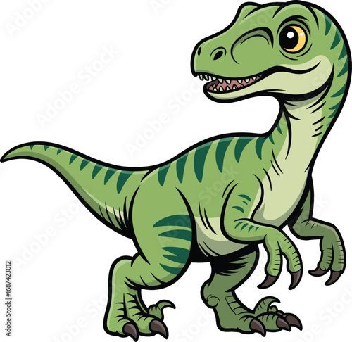 Cartoon Velociraptor dinosaur winking, green stripes, friendly prehistoric character, toothy smile, children’s content, vector illustration, fun animal design