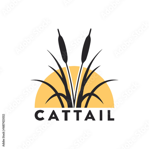 Black cattail stalks and leaves against a yellow semi-circle with the word cattail plant nature