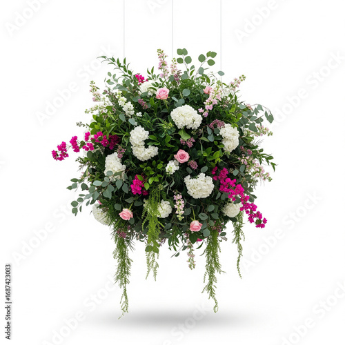 Hanging floral display,  isolated on a white background

