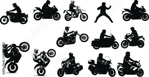 Silhouette illustration of motorcyclists riding, racing, and performing stunts on various bikes, ideal for vector art, posters, and decals.