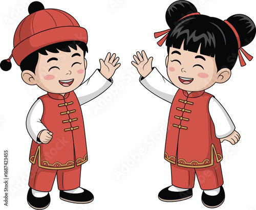 Chinese children cartoon, traditional clothing illustration, cultural celebration art, red costume kids, festive vector, waving happy characters, Asian heritage design