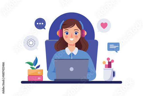 Woman with Headphones Working on Laptop, Customer Service or Online Communication