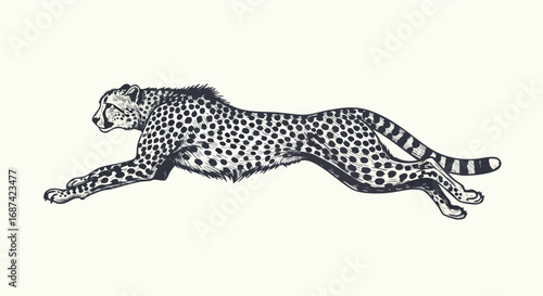A stylized, black and white illustration of a cheetah in full stride, its spotted body stretched out in a powerful, dynamic pose against a plain background.