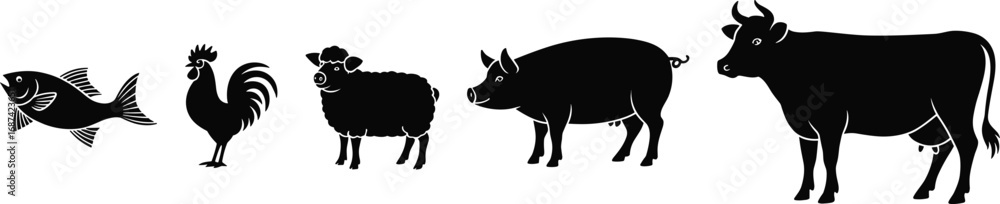 Fototapeta premium Farm animal silhouettes, livestock icons, fish, rooster, sheep, pig, cow, black and white, vector illustration, agricultural design, minimal style
