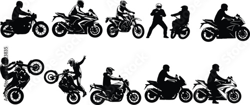 Motorcycle rider silhouettes performing stunts and riding sport bikes, ideal vector art for decals, posters, t-shirts, and digital design.
