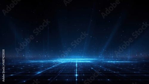 Dark futuristic digital grid floor, illuminated by blue light rays
